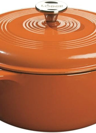 Lodge 6 Quart Enameled Cast Iron Dutch Oven with Lid – Dual Handles – Oven Safe up to 500° F or on Stovetop - Use to Marinate, Cook, Bake, Refrigerate and Serve – Pumpkin