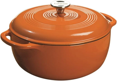 Lodge 6 Quart Enameled Cast Iron Dutch Oven with Lid – Dual Handles – Oven Safe up to 500° F or on Stovetop - Use to Marinate, Cook, Bake, Refrigerate and Serve – Pumpkin