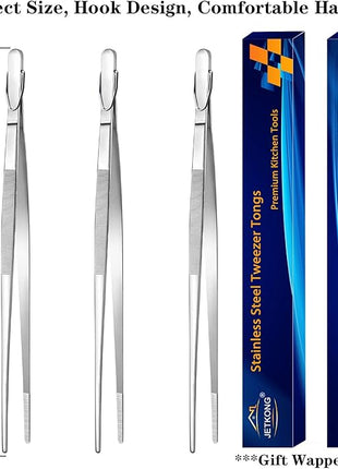 JETKONG 12-Inch Cooking Tweezer Tongs Food Tweezers for Kitchen and Barbecue, Set of 3 (12 12 12 Inch, Silver)