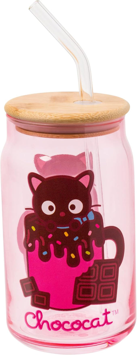Silver Buffalo Sanrio Hello Kitty & Friends Chococat Chocolate Pink Glass Jar Tumbler with Bamboo Lid and Glass Straw, 16 Ounces (Pack of 12)