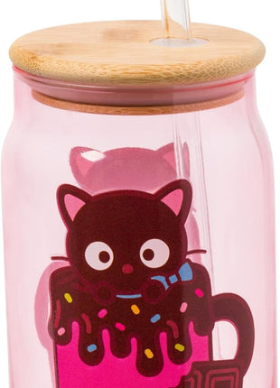 Silver Buffalo Sanrio Hello Kitty & Friends Chococat Chocolate Pink Glass Jar Tumbler with Bamboo Lid and Glass Straw, 16 Ounces
