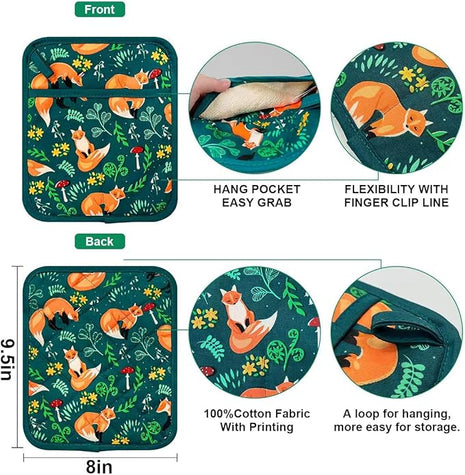 Pot Holders Set of 2 Heat Resistant 480℉ Kitchen 100% Cotton Comfortable Lining Printing Fox Flower Women Men Home Cooking Baking Microwave BBQ Gift(Fox Flower)