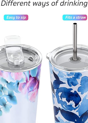 THILY Stainless Steel Vacuum Insulated Tumbler 26 oz Triple-Insulated Travel Mug with Splash-Proof Lid, for Iced Coffee and Hot Beverage, Pink Lilies + Blue Maple