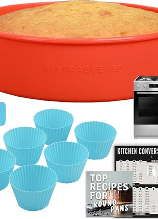 INFRAOVENS Round Silicone Cake Pan and Cupcake Liners – Nonstick Molds for Baking with Kitchen Conversion Chart and Recipes Booklet, BPA Free, 9.5 inch