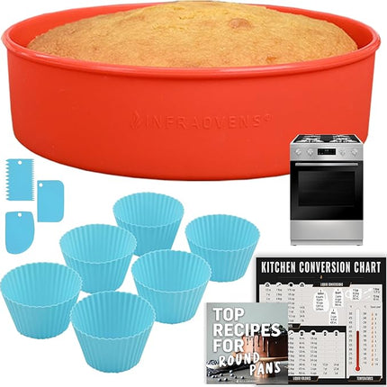 INFRAOVENS Round Silicone Cake Pan and Cupcake Liners – Nonstick Molds for Baking with Kitchen Conversion Chart and Recipes Booklet, BPA Free, 9.5 inch