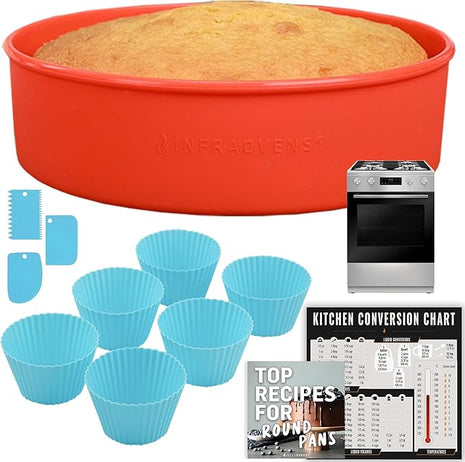 INFRAOVENS Round Silicone Cake Pan and Cupcake Liners – Nonstick Molds for Baking with Kitchen Conversion Chart and Recipes Booklet, BPA Free, 9.5 inch