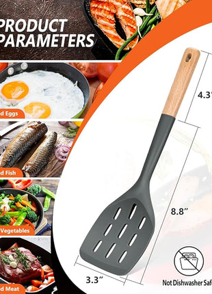 Pack of 2 Silicone Spatula, Non Stick Cooking Utensil Set Wooden Handle Kitchen Turner for Baking Mixing Grilling Serving Food Heat Resistant Non Scratch Hooks Included (Grey)