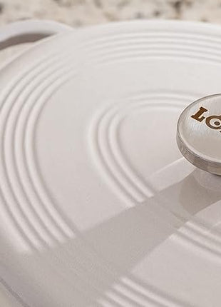 Lodge 7 Quart Enameled Cast Iron Oval Dutch Oven with Lid – Dual Handles – Oven Safe up to 500° F or on Stovetop - Use to Marinate, Cook, Bake, Refrigerate and Serve – Oyster White