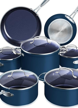 Nuwave Healthy Duralon Blue Ceramic Nonstick Cookware Set, Diamond Infused Scratch-Resistant, PFAS Free, Dishwasher & Oven Safe, Induction Ready & Evenly Heats, Tempered Glass Lids & Stay-Cool Handles