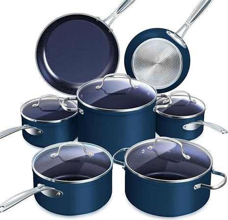 Nuwave Healthy Duralon Blue Ceramic Nonstick Cookware Set, Diamond Infused Scratch-Resistant, PFAS Free, Dishwasher & Oven Safe, Induction Ready & Evenly Heats, Tempered Glass Lids & Stay-Cool Handles