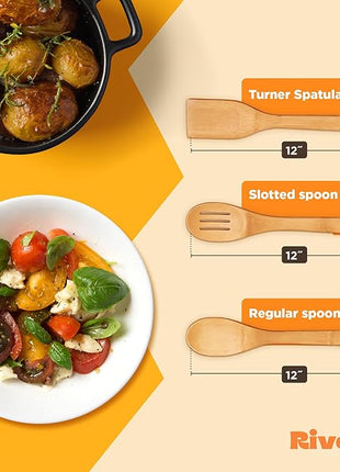Riveira Bamboo Wooden Spoons for Cooking 3-Piece, Apartment Essentials Wood Spatula Spoon Nonstick Kitchen Utensil Set Premium Quality Housewarming Gifts for Everyday Use