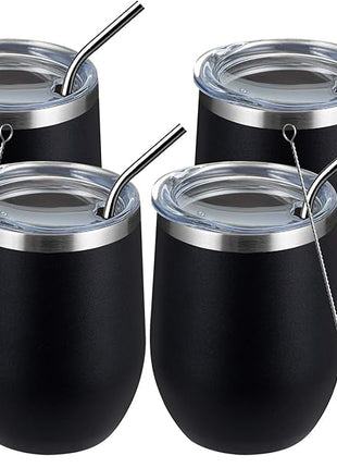 MEWAY 12oz/4 Pack Wine Tumbler Glasses with Lid - Stemless Double Wall Vacuum Stainless Steel Travel Tumbler - Keeping Cold & Hot for Wine,Coffee,Cocktails,Drinks-Family and Gifts (Black,Set of 4)