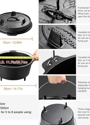 Overmont Camp Dutch Oven Pre Seasoned Cast Iron Lid Also a Skillet Casserole Pot with Lid Lifter for Camping Cooking BBQ Baking 9QT(Pot+Lid)