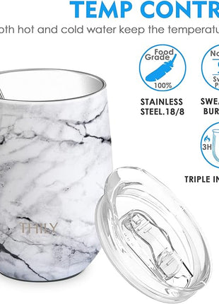 THILY Stainless Steel Stemless Wine Tumbler 12 oz Triple-Insulated Stemless Glass with Lid and Straw, Durable Reusable Travel Coffee Cup, Keep Hot or Cold for Wine, Coffee, Beer, Juice, White Marble