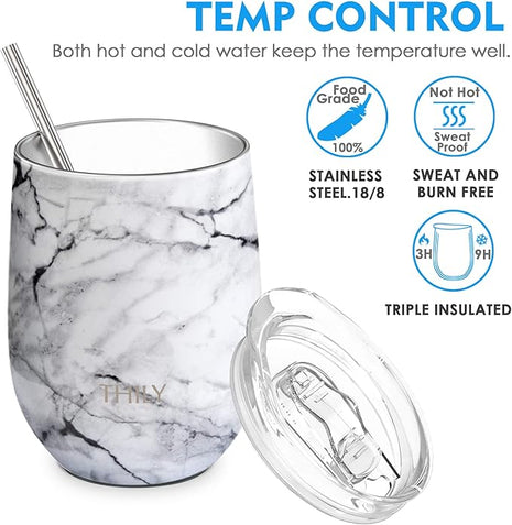 THILY Stainless Steel Stemless Wine Tumbler 12 oz Triple-Insulated Stemless Glass with Lid and Straw, Durable Reusable Travel Coffee Cup, Keep Hot or Cold for Wine, Coffee, Beer, Juice, White Marble