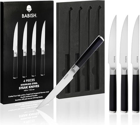 Babish 4-Piece Forged Kitchen Steak Knife Set – High-Carbon 1.4116 German Steel Cutlery – Sharp & Durable Steak Knives for Dining and Grilling