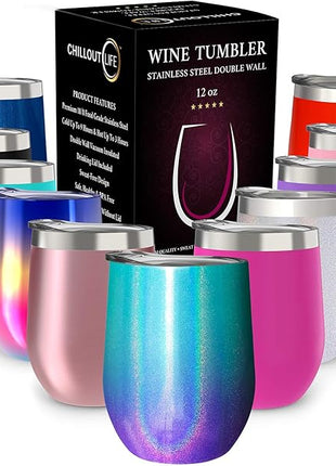 CHILLOUT LIFE 12 oz Stainless Steel Wine Tumbler with Lid - Double Wall Vacuum Insulated Wine Cup Glass Keeping Cold & Hot for Coffee, Champagne, Cocktails, Ice Cream - Mermaid Sparkle