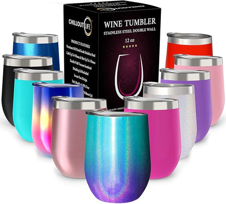 CHILLOUT LIFE 12 oz Stainless Steel Wine Tumbler with Lid - Double Wall Vacuum Insulated Wine Cup Glass Keeping Cold & Hot for Coffee, Champagne, Cocktails, Ice Cream - Mermaid Sparkle