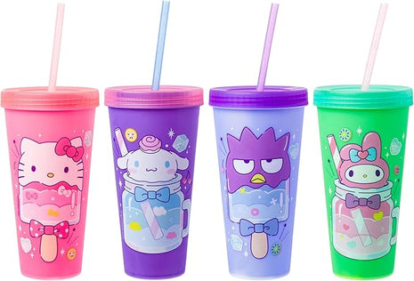 Silver Buffalo Sanrio Hello Kitty and Friends 4 Pack Color Changing Plastic Tumblers Featuring Hello Kitty, My Melody, Badtz Maru, and Cinnamoroll, 24 Ounce