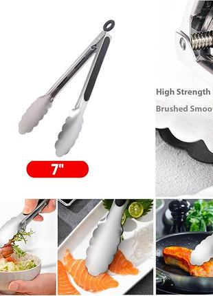 7" Small Kitchen Tongs Set of 3, Stainless Steel Ice Tongs Food Tongs, Mini Serving Tongs for Appetizers, Salad, Buffet (7", 3PCS)
