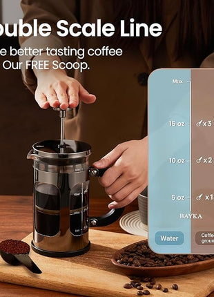 BAYKA 21 Ounce 0.6 Liter French Press Coffee Tea Maker Small, Heat Resistant Thickened Borosilicate Glass Stainless Steel Single Serve Brewer, Cold Brew Cafetera Teapot, Dark Pewter