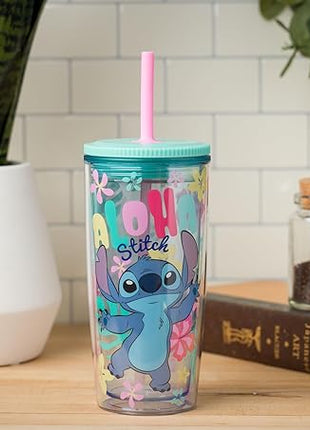 Silver Buffalo Disney Lilo and Stitch “Aloha” Spill Resistant Plastic Tumbler, 20 Ounces