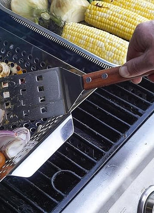 RSVP International Endurance (BQ-FLP) BBQ Long Spatula Flipper, 16.25" | Flip Burgers & Other Food w/ Long Handle that Keeps Hands Safe from Fire | Made from Stainless Steel & Rosewood