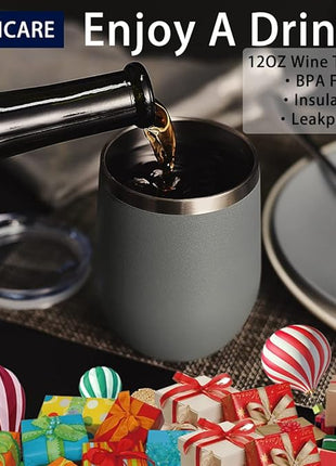 DOMICARE Stainless Steel Wine Tumbler Bulk with Lid, Personalized Insulated Tumblers Set, 12oz Travel Coffee Cups Pack of 1, Gray