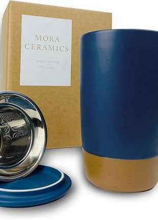 Mora Ceramics Large Tea Mug with Loose Leaf Infuser and Ceramic Lid, 18 oz, Portable, Microwave and Dishwasher Safe, Tall Coffee Cup - Rustic Matte Ceramic Glaze, Modern Herbal Tea Strainer, Deep Blue