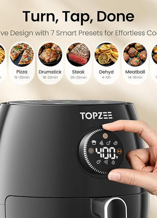 Topzee Small Air Fryer, 2.1QT Mini Compact 4-in-1 Air Fryer for 1–2 People, 98% Less Oil, Adjustable Temp & 60Min Timer, Quiet, Nonstick Dishwasher Safe, BPA-Free, Dark Grey