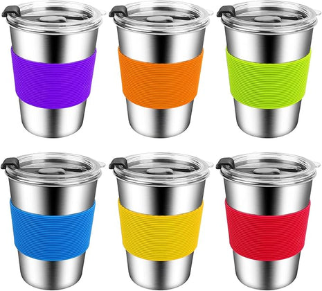 ShineMe Kids Cups with Lid, 12oz Stainless Steel Drinking Cups with Sleeves and Spill Proof Lid, Unbreakable Toddler Sippy Cups Apply to Indoor and Outdoor(6 Pack)