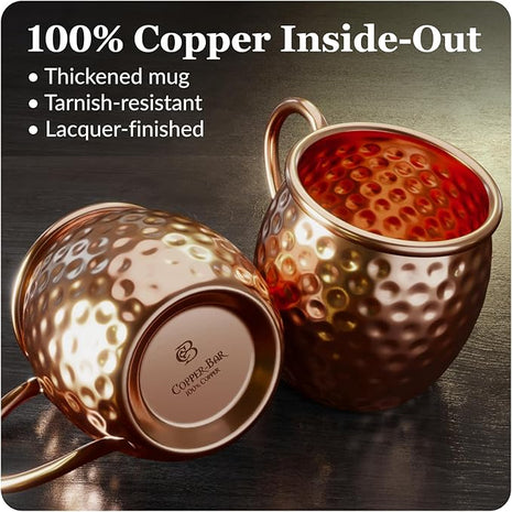 Moscow Mule Copper Mugs - Unique HANDCREFTED Gift Set of 4, Hammered by Artisan, 100% Pure Solid Copper Cups 16oz for Drinking Water & Cocktails, Include 18 Pcs accessories & Special Opener