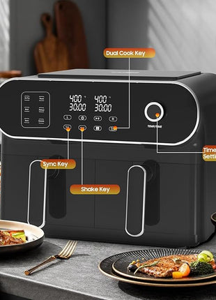 iceagle Dual Air Fryer 11 Quart - 6-in1 Airfryer with 2 Frying Baskets, Precise-control Knob | Sync & Dual Cook Functions to Ary Fry, Roast, Broil, Reheat and Dehydrate for Easy and Crispy Meals