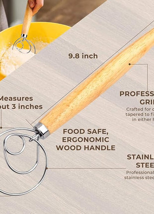 Danish Dough Whisk Bread Mixer，2 Pack Premium Stainless Steel Dutch Whisk With a Dough Scraper for Bread, Pastry or Pizza Dough - Perfect Baking