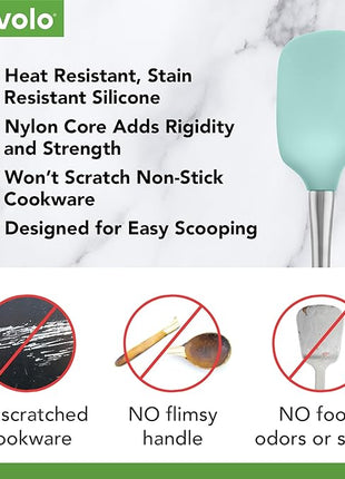 Tovolo Spoon Spatula Spoonula with Stainless Steel Handle Ergonomic Grip Aqua Seafoam Green, Silicone Scoopula Kitchen Utensil Non Scratch Easy Clean Dishwasher Safe Heat Resistant Scoop Spatula