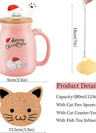 BigNoseDeer Christmas Mugs Kawaii Ceramic Cat Mug Tea Cup Cute Mugs Coffee Mug with Lid Spoon Tea Mug Christmas Gifts for Women 13oz