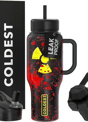 Coldest Tumbler with Handle and Straw, 100% Leak Proof Insulated Tumbler with Lid and Straw (3 Lids), Stainless Steel Tumblers for Women & Men, Cup Holder Friendly Base, 36 oz (Radioactive)