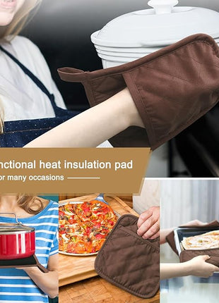 Cotton and Neoprene Oven Pads Pot Holders with Pocket 8"x8.5" Dual-Function Hot Pad Set for Finger Hand Wrist Protection Heat Resistant to 428°F Brown