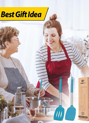 Pack of 2 Silicone Solid Turner, Non Stick Slotted Kitchen Spatulas, High Heat Resistant BPA Free Cooking Utensils, Ideal Cookware for Fish, Eggs, Pancakes(Blue)