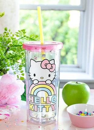 Silver Buffalo Sanrio Hello Kitty Plastic Tall Cold Cup with Lid and Straw, 20 Ounces