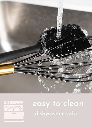 Black and Gold Kitchen Utensils Set with Stainless Steel Holder – 18-Piece Nylon Cooking Utensils with Measuring Cups and Spoons – Stylish Gold Kitchen Accessories for Baking and Cooking