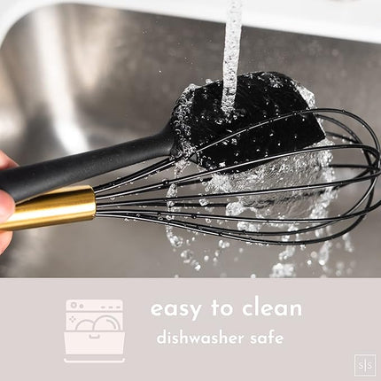 Black and Gold Kitchen Utensils Set with Stainless Steel Holder – 18-Piece Nylon Cooking Utensils with Measuring Cups and Spoons – Stylish Gold Kitchen Accessories for Baking and Cooking