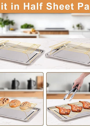 Cooling Rack for Baking 3 Tiers, 16" x 10" Cookie Cooling Wire Rack Stackable Collapsible Nonstick, Stainless Steel Baking Cooking Cooling Racks with Optimum Air Flow, Gold