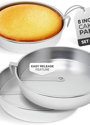 Aunt Shannon's Kitchen 8 Inch Round Cake Pans, 3 Pack, Silver Cake Pan with a Built-in Swivel Blade, Easy Release Cake Pans Set for Baking, Baking Pans Set for 3-Layer Cake, Dishwasher Safe