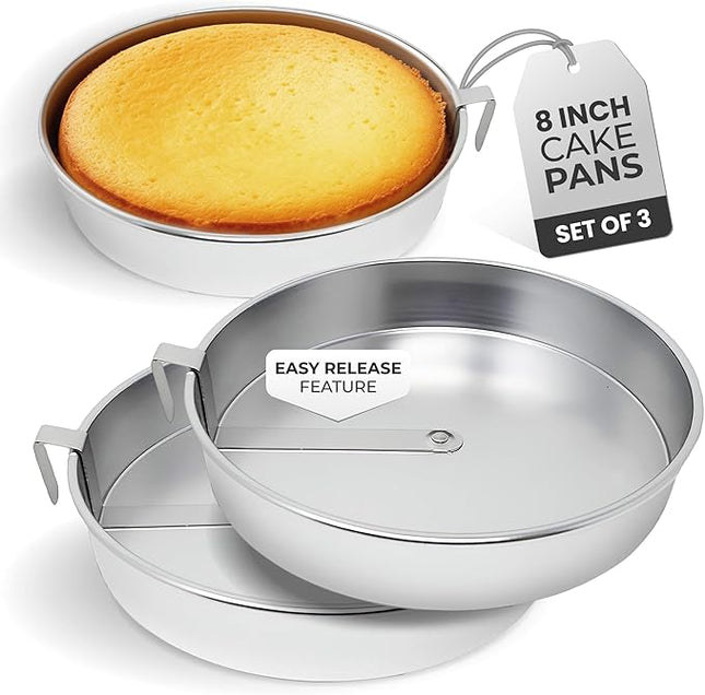 Aunt Shannon's Kitchen 8 Inch Round Cake Pans, 3 Pack, Silver Cake Pan with a Built-in Swivel Blade, Easy Release Cake Pans Set for Baking, Baking Pans Set for 3-Layer Cake, Dishwasher Safe