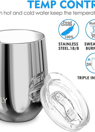 THILY Vacuum Insulated Stemless Wine Tumbler 4 Pack Stainless Steel Wine Glass with Lid and Straw, Keep Cold or Hot for Coffee, Cocktails, Christmas Birthday Gift, Mirror Silver