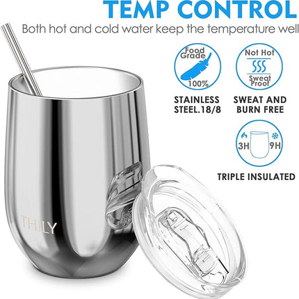 THILY Vacuum Insulated Stemless Wine Tumbler 4 Pack Stainless Steel Wine Glass with Lid and Straw, Keep Cold or Hot for Coffee, Cocktails, Christmas Birthday Gift, Mirror Silver