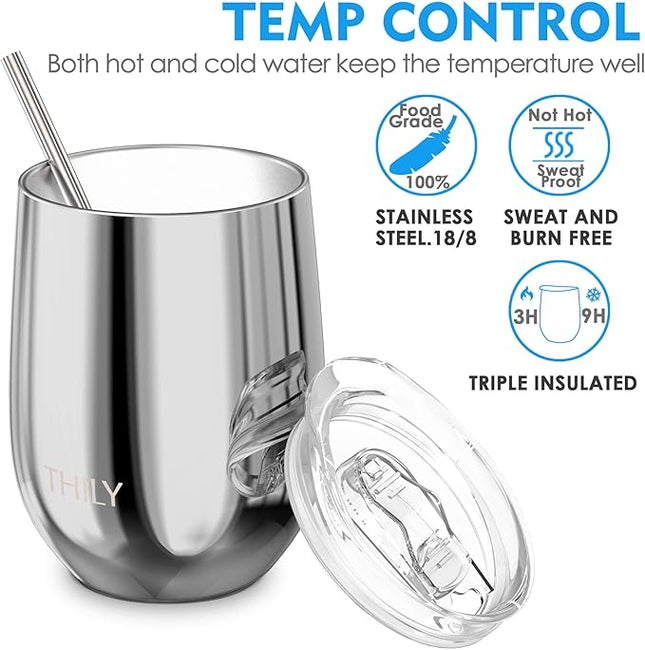 THILY Vacuum Insulated Stemless Wine Tumbler 4 Pack Stainless Steel Wine Glass with Lid and Straw, Keep Cold or Hot for Coffee, Cocktails, Christmas Birthday Gift, Mirror Silver