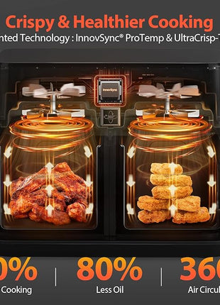12QT Large Dual Air Fryer, 10-in-1 Double Zone Airfryer with 2×6QT Baskets, 60° Easy-Panel with Full Touchscreen, SyncCook Function, Viewing Window, Nonstick & Dishwasher Safe, 2 Dishes at Once, Black