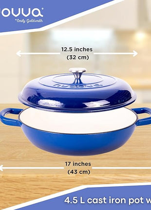 Shallow Cast Iron Casserole with Lid – Non Stick Dutch Oven Pot, Oven Safe up to 500° F – Sturdy Ovenproof Stockpot Cookware – Enamelled Cooking Pot – Dark Blue, 5-Quart, 32cm – by Nuovva